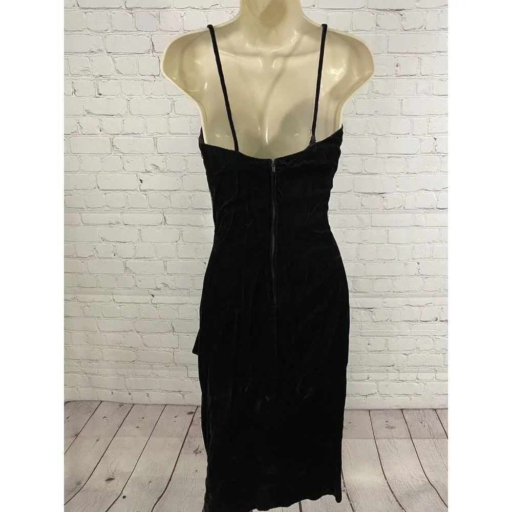 VTG New Leaf Black Gold Spaghetti Strap Velvet Back Zip Bodycon Dress Womens 5/6 - Picture 3 of 14